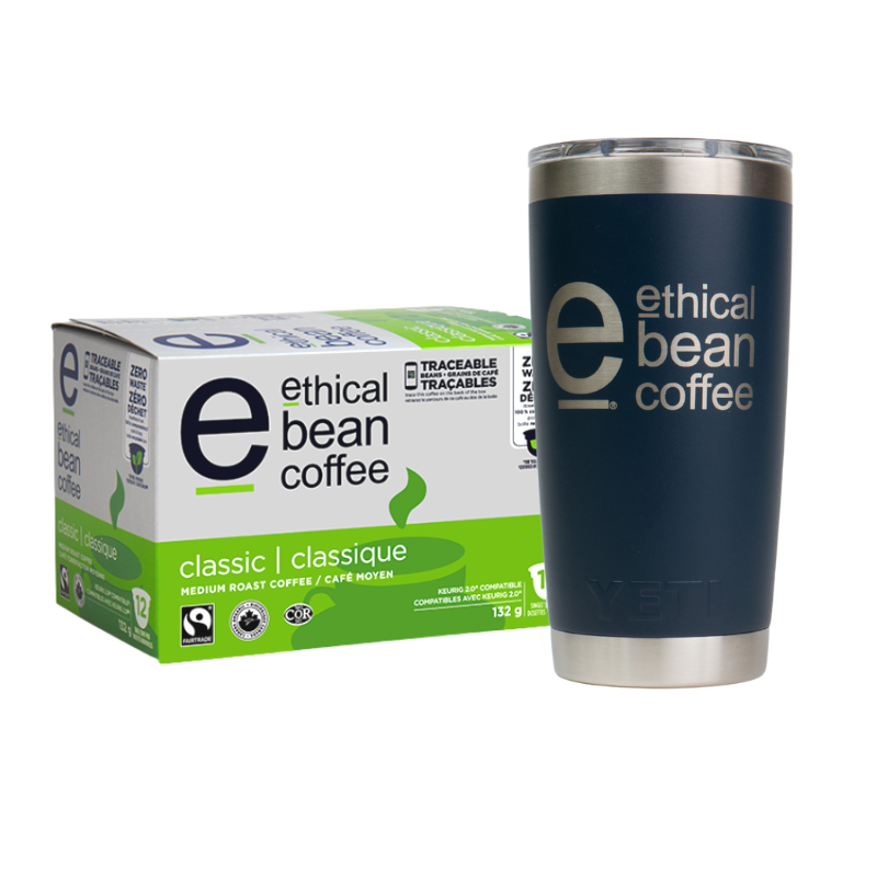 box of pods + travel mug - Ethical Bean Coffee Canada