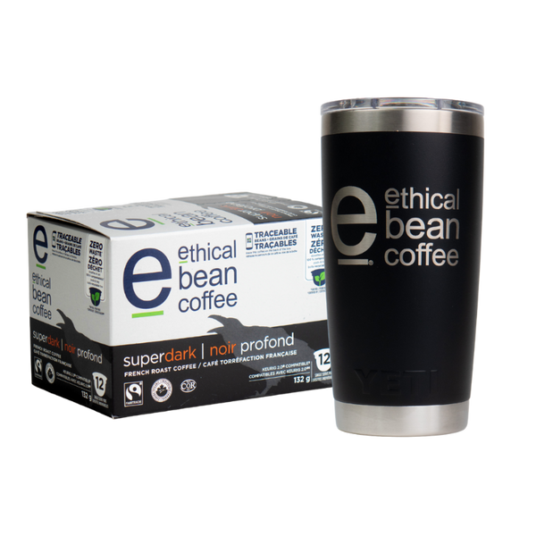 box of pods + travel mug Ethical Bean Coffee Canada