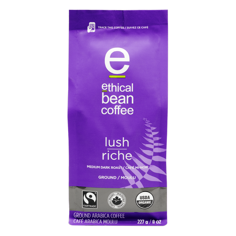 fairtrade organic certified lush ground bag Ethical Bean Coffee Canada