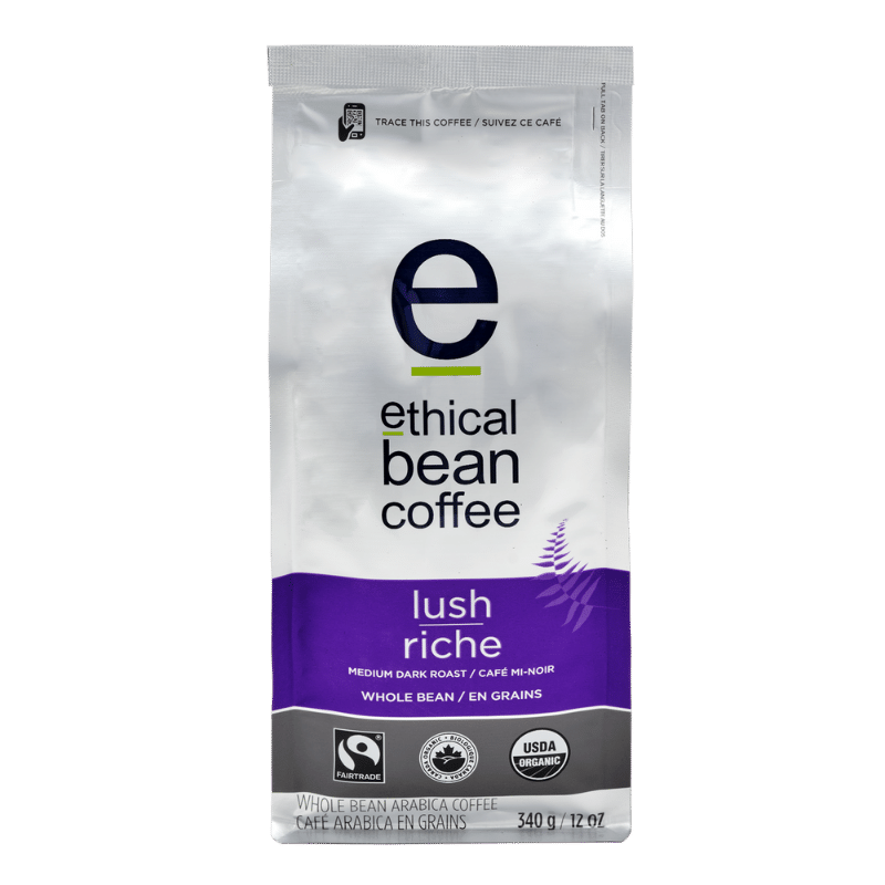 fairtrade organic certified lush whole bean bag Ethical Bean Coffee Canada