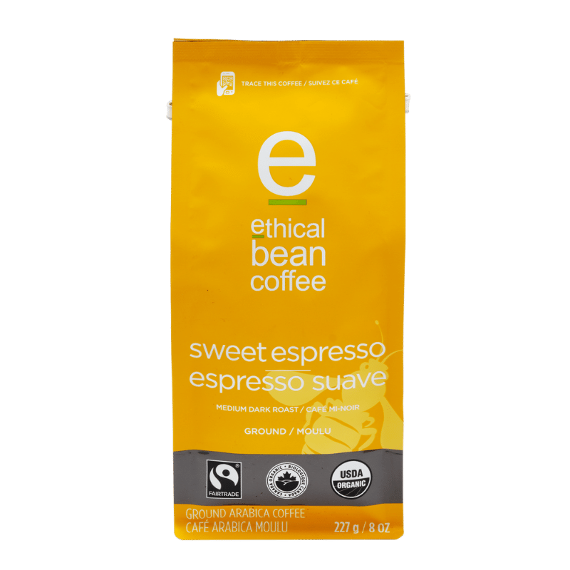 fairtrade organic certified sweet espresso ground bag Ethical Bean Coffee Canada