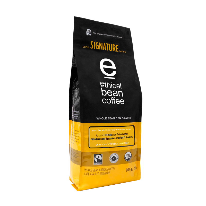 honduras fairtrade organic liquidambar yellow honey light roast whole bean ethical bean coffee signature series