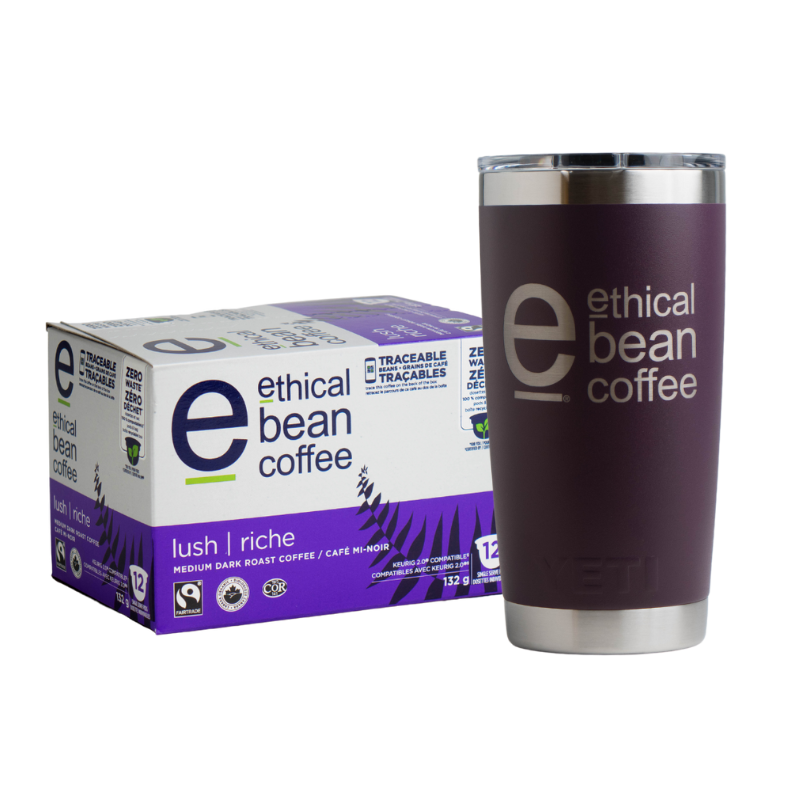 box of pods + travel mug - Ethical Bean Coffee Canada