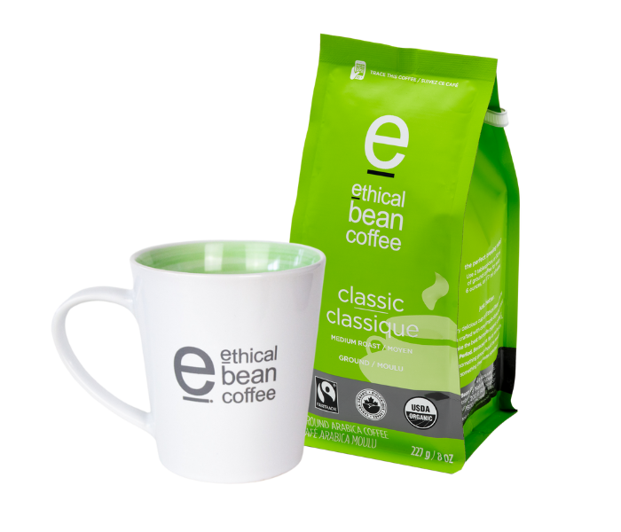 ethical bean ground bag and coffee mug bundle and save