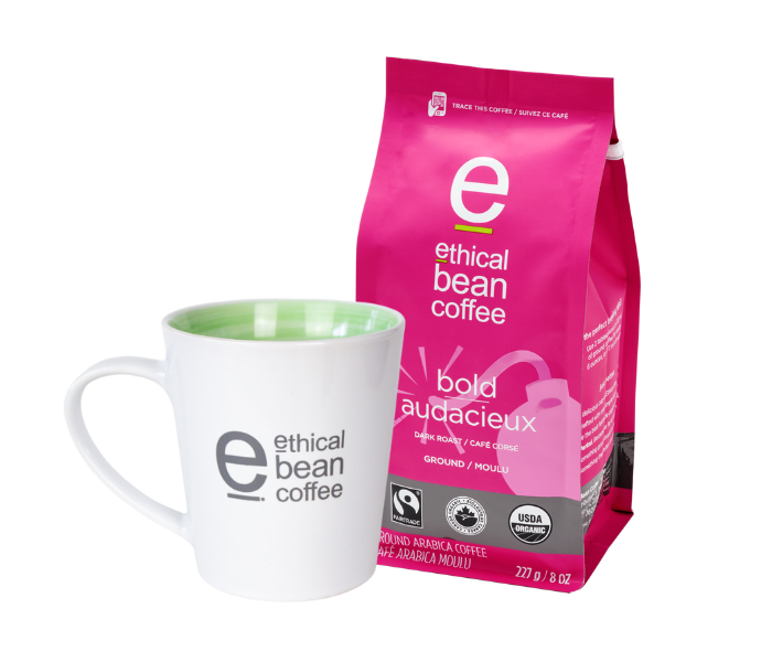 ethical bean bundle and save one bag of ground coffee and a mug