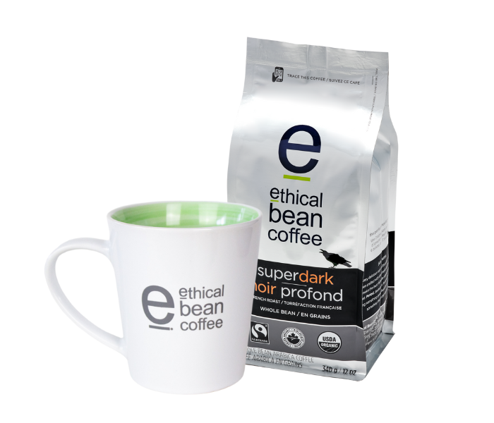 ethical bean whole bean bag with a coffee mug bundle