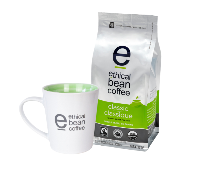 ethical bean whole bean bag with a coffee mug bundle
