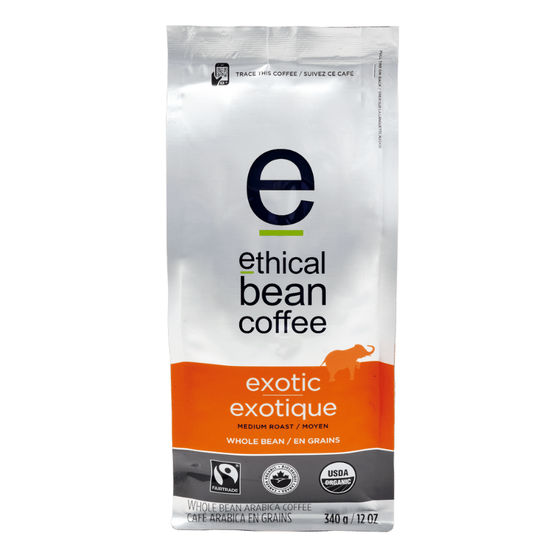 fairtrade organic certified exotic whole bean bag Ethical Bean Coffee Canada