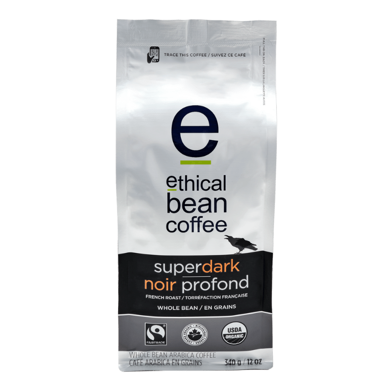 fairtrade organic certified superdark whole bean bag Ethical Bean Coffee Canada