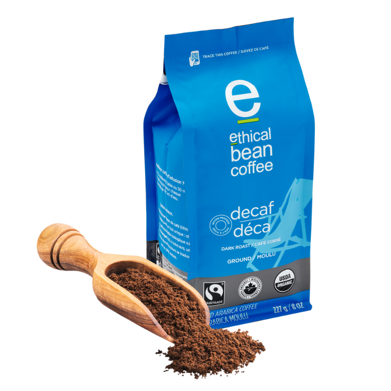 fairtrade organic certified decaf ground coffee Ethical Bean Coffee Canada