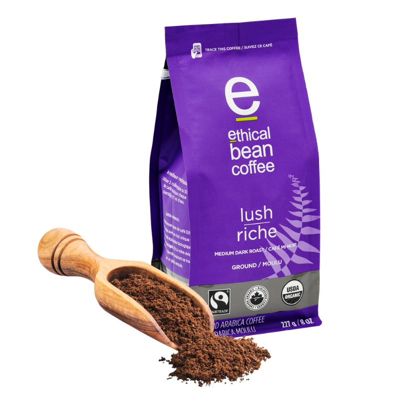 fairtrade organic certified lush ground bag Ethical Bean Coffee Canada