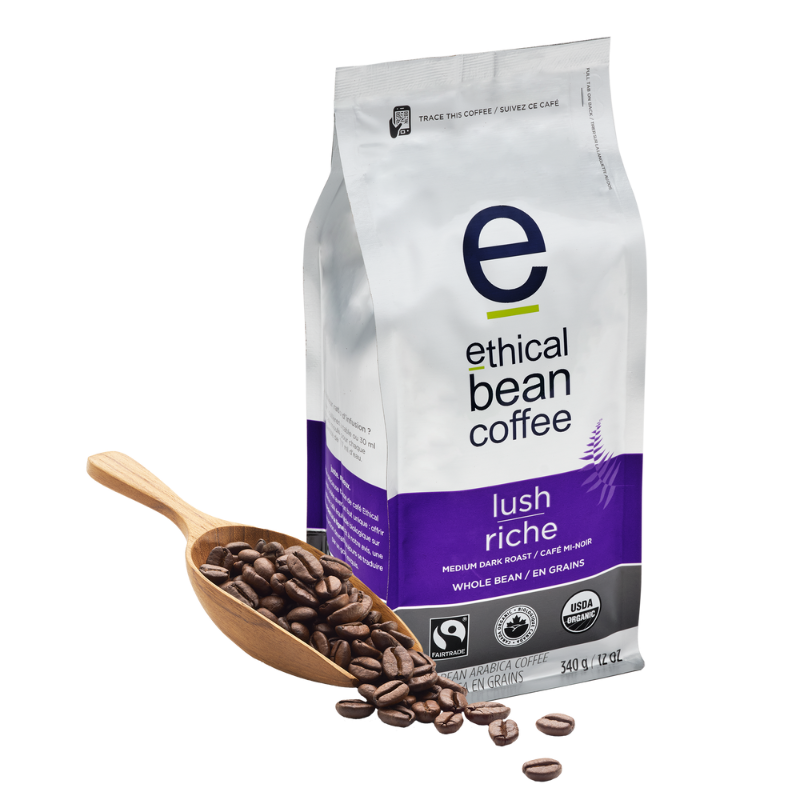 fairtrade organic certified lush whole bean bag Ethical Bean Coffee Canada