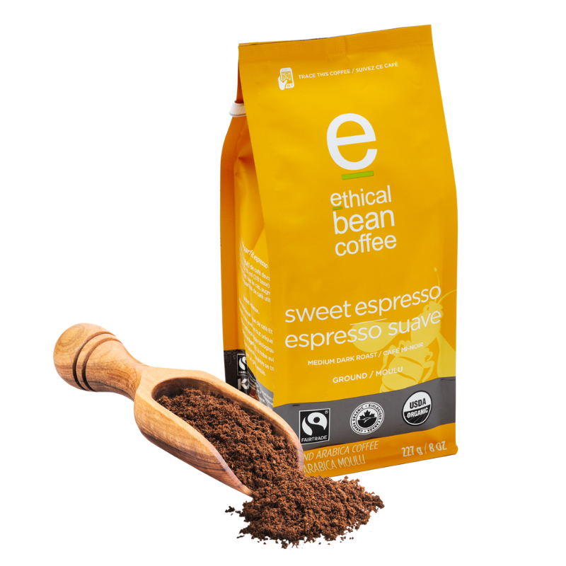 fairtrade organic certified sweet espresso ground bag Ethical Bean Coffee Canada