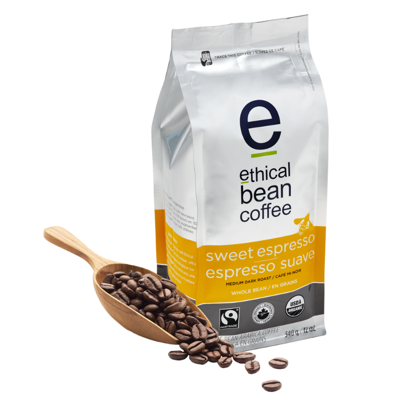 coffee bean travel mug fairtrade organic certified sweet espresso whole bean bag Ethical Bean Coffee Canada